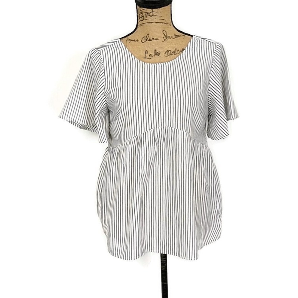 Andre by Unit Womens sz S Top White Gray Striped V Back w/ Tie Short Bell Sleeve